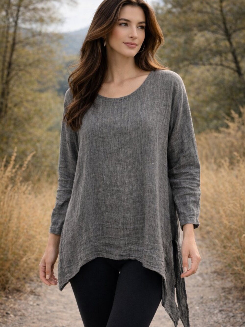 CTC Linens Gray Linen Blend Asymmetric Hem Tunic Top XL Made in USA